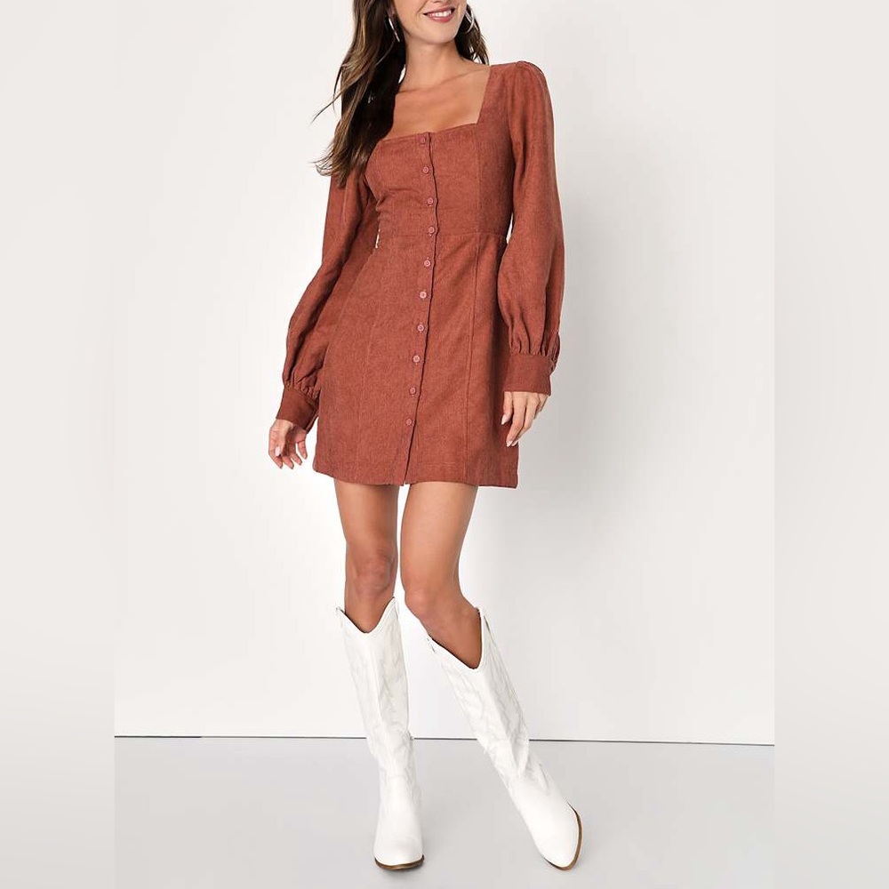 NWT Lulus Posh Promise Brown Corduroy Long Sleeve Button-Up Mini Dress XS